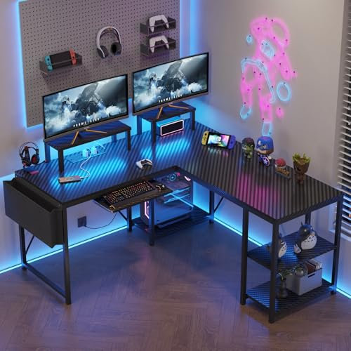 Flamaker L Shaped Gaming Desk with Led Lights&Power Outlet,140 x 140 cm Corner Gaming Desk for Home Office,Reversible Computer Desk with Monitor Stand & Storage Shelve
