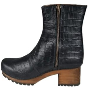 Lotta From Stockholm Britt Clog Boot for Women | High Heel Winter Boots | Wooden Clogs Made of Lime Tree and Genuine Leather | Ankle Boots in Croco Print Leather | Black - Size UK 4 / EUR 37