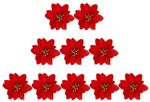 MAGICLULU 10 Stück Glitzernde Weihnachtsstern-Blumen Weihnachtsstern-Blumen Weihnachtsdekoration Künstliche Blumen Mit Stielen Kunstblumen- Rote Künstliche Weihnachtsblumen Für