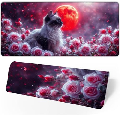 Gaming Mouse Pad Rose Mouse Mat, 1000x500x3mm Large Desk Mat Cat Mousepad, Waterproof Surface and Anti-Slip Rubber Base keyboard mat, Improved Precision and Speed, Gaming Accessories for Desk JC-658