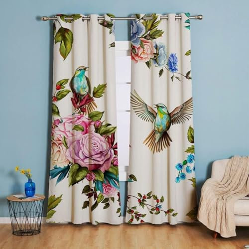 ZZTBQ Blumen Vögel Muster Vorhänge Floral mit Ösen Blickdichte Gardinen Blackout Curtain Thermovorhang für Kinder Teens, 110x215 cm (BxH), 2er Set