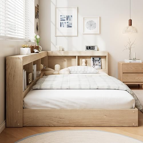 FEZTOY Children's Single Bed 90x190 cm, 3ft Bed Frame with Shelves, Wooden Storage Bed for Adults Kids Teenagers, White Oak Color