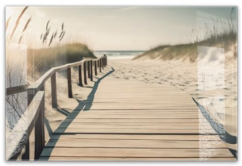 timalo Küchenbild aus Acrylglas modernes Wandbild Glasbild Deko Küche XXL Bild wie Glas | 60x40cm Holzsteg am Sandstrand – Weg durch die Dünen zum Meer, Sonnenuntergang