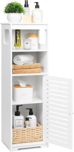 HUOLE Armoire de Salle de Bain, Petit Meuble de Rangement pour Toilettes, Armoire Toilettes Porte Brosse WC Meuble de Salle de Bain sur Pied en Bois, 24 * 20 * 75cm-Blanc