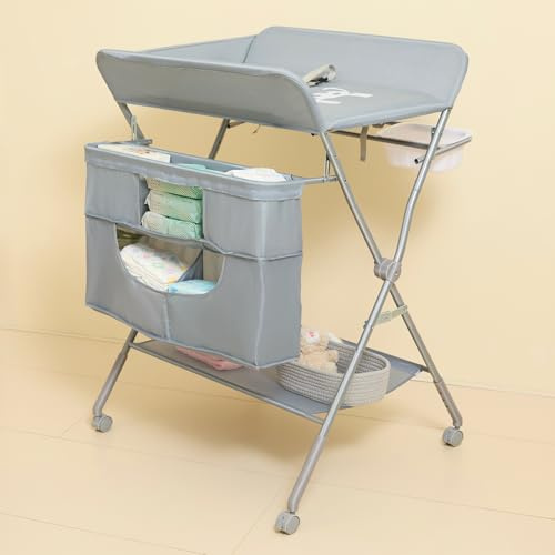 KARAOK Table à langer pliable avec roulettes, station à langer portable avec grand sac de rangement et hauteur réglable à 4 niveaux pour nouveau-né, nourrisson