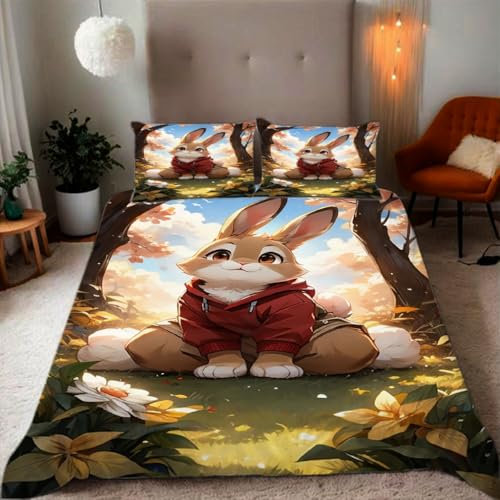 Zbeiba Bettwäsche 135x200 Kapuzenpulli Cartoon Hase Muster 3D Drucke geeignet für Teenager Kinder Bettwäsche-Set Mikrofaser Bettbezug Mit Reißverschluss Und 2 Kissenbezug (135x200+2 * 80x80,#9