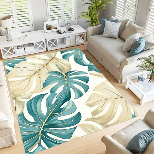 JEDTAKCT Alfombra Monstera Metálica De 80X150Cm, Alfombra De Área Crema para Sala De Estar, Comedor Salón, Alfombras Plantas Simples, Suave De Pelo Bajo Antideslizante para Dormitorio