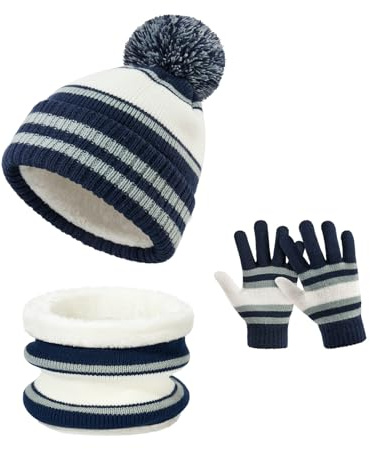 OZERO Kinder Winter Set Strickmütze mit Bommel Loop Schal Handschuhe | 3-Teiliges Thermo Zubehör mit Fleece-Futter für Jungen und Mädchen, Kuschelig Warm bei Frost, für Schulweg und Rodeln