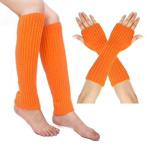 2 Paar Damen Beinstulpen Pulswärmer Stulpen Set Frauen Winter Crochet Stricken Lange Armstulpen Winter Warme Halbfinger Lange Gestrickt Beinwärmer Legwarmers Gestrickte für Yoga (Orange, One Size)