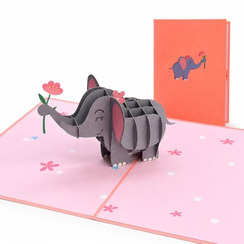 DORAFIORA® 3D Pop-Up Karte Elefant – Süße Glückwunschkarte in Rosa für Kinder & Erwachsene | Liebevolle Pop Up Karte mit Blume | Geburtstag, Baby, Freundschaft & Gute Besserung | Inkl. Umschlag