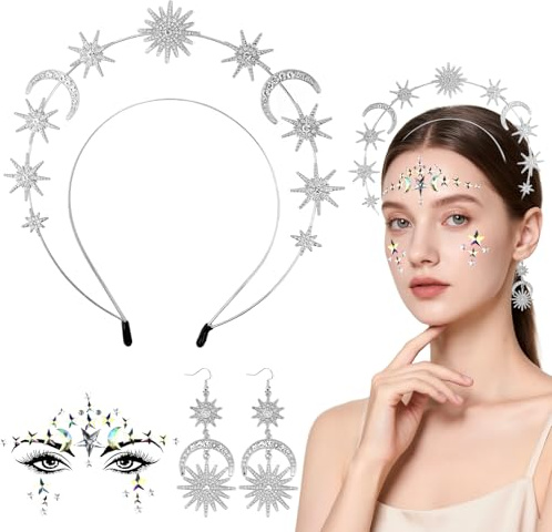 Pipihome 3 Stück Haarreif Sonne Mond und Sterne, Sonne Krone Sterne Kristall Stirnband mit Sonne Gesichtstattoo Glitzer, Haarreifen Damen für Karneval Kostüm Damen Musikfestival Party