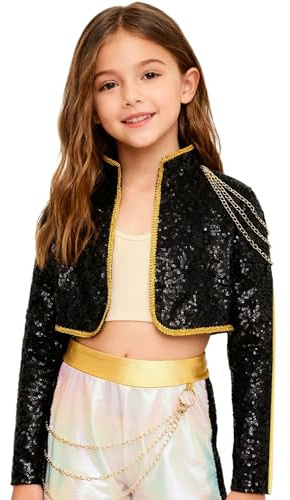 iiniim Mädchen Pailletten Jacke Glitzer Bolero Jacke Langarm Schulterjacke Mantel Cardigan Tops Tanzjacke Halloween Karneval Fasching Schwarz 122-128