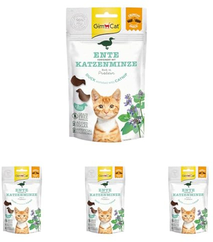 GimCat Crunchy Snacks Anatra con erba gatta – Delizioso gatto croccante e ricco di proteine – 1 sacchetto (1 x 50 g) (Confezione da 4)
