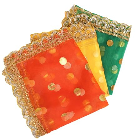 Set of 3 Chunari for Pooja Cloth Mat Aasan Chunni for Temple Idol(40X18) | Chunari Chunni Mata Ki Chunari Netted Puja Cloth God Goddess Idol Statue Traditional Navratri Festival(Red,Yellow,Green)