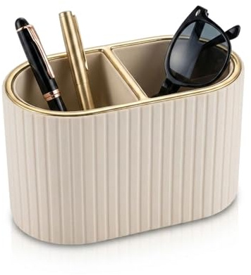 Chingcoo Stifte Organizer Schreibtisch - Stiftehalter Büro, Ovaler Stifteköcher mit 2 Fächern, Stiftebox PU Leder Desk Organizer für Büro Zuhause mit Goldrand Streifen - Beige