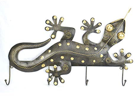 Artisanal Patere Murale, Porte-Manteau Gecko 4 Crochets en Fer forgé Déco Ethnique.