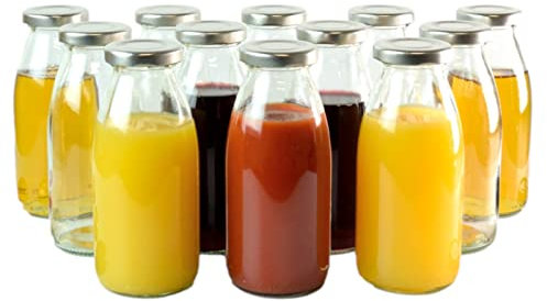 gouveo Lot de 12 Bouteilles de Jus 250 ml avec Bouchon à Vis Argent - Bouteille en Verre 0,25 l avec Bouchon TO43 - Bouteille Vide pour Jus, Smoothie, Limonade (SF250S)