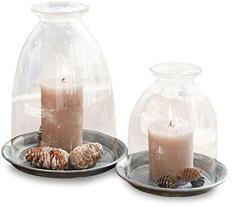 Loberon Windlicht 2er Set Gwendale, Zwei Größen, nach Oben hin offene Glocke, Indoor und Outdoor-Lampe, für Teelichter oder Stumpenkerzen, Glas, Eisen, klar/grau