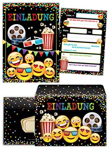 JuNa-Experten 12 Einladungskarten zum Kindergeburtstag Kino – Mit 12 Umschlägen, Einladungen für Mädchen und Jungen, Bunte Geburtstagseinladungen für Party