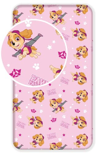 Paw Patrol Spannbettlaken Betttuch mit Skye in Rosa, Hunde, 90 cm x 200 cm + 25 cm 100% Baumwolle für Kinder