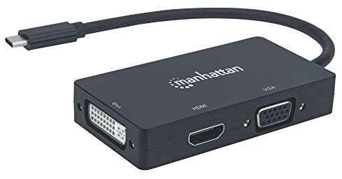Manhattan 152983 USB-C 3-in-1 Multiport A/V-Konverter USB Typ C-Stecker auf DVI-, HDMI- oder VGA-Buchse, 4K@30Hz auf HDMI-Port, 1080p auf VGA- und DVI-Ports, schwarz
