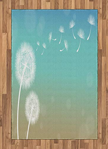 ABAKUHAUS Löwenzahn Teppich, Pusteblume auf Wind, Deko-Teppich Digitaldruck, Färben mit langfristigen Halt, 120 x 180 cm, Türkis Weiß Tan