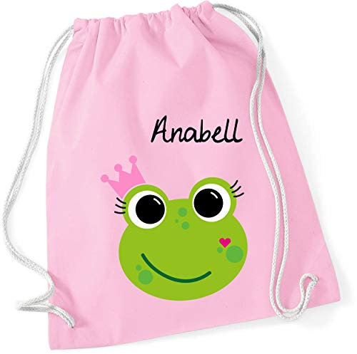 minimutz Turnbeutel mit Namen | inkl. Namensdruck | Motiv Frosch-Königin | Stoffbeutel Zuziehbeutel Rucksack Sportbeutel für Kinder Mädchen Krone (rosa)