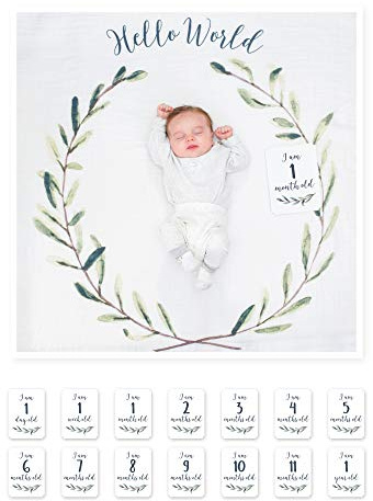lulujo Baby’s First Year Milestone Blanket and Card Set | 47in x 47in| Hello World!