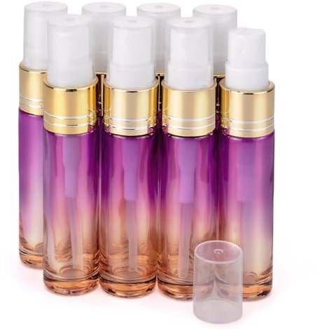 Unxuey 8 pcs 10 ml (0.3 Oz) Mist Gradient Rainbow Color Glass Spray Bottles with Golden Fine Mist Sprayers for Essential Oils Perfume Fragrance Atomiser Refillable Portable Container Vials