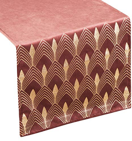 Eurofirany Tischdecke Tischläufer Samt Geometrisches Muster Tischdekoration Tischband Tischtuch Velvet Edel Elegant 1 STK, Bordeaux, 40 x 140 cm