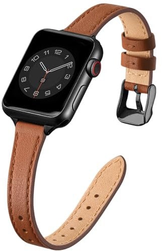 SUNFWR Compatible with Apple Watch Strap 42mm 44mm 45mm,Genuine Leather Strap Replacement,Slim&Thin Wristband for iwatch Series 7/6/5/4/3/2/1,SE(42mm 44mm 45mm,Brown&Black)