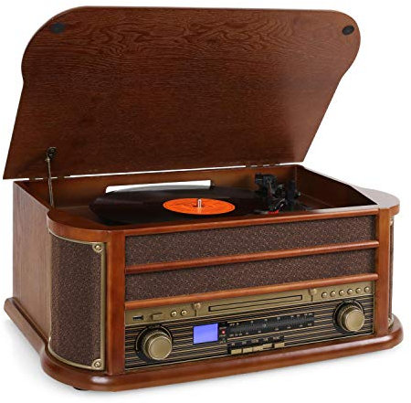 Auna Vinyl Record Player - Wood Retro Vintage 3-Speed Turntable with Speakers, CD & USB Port