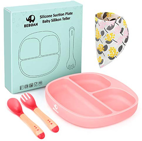 BEBOAN Piatto diviso in silicone, con ventose antiscivolo, 100% senza BPA, adatto per la maggior parte dei seggioloni (rosa carino)