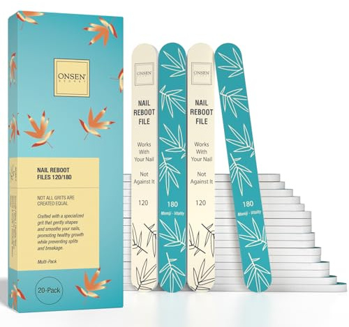 Onsen Secret Japanese Nail File - Professional 20-Pack Nail Files, Double Sided Natural & Acrylic Nail Filers - 120/180 Grit - Disposable, Salon Smooth, Best Nail File for Shiny Nails