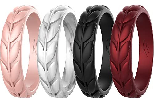 Zollen 8 confezioni di anelli di nozze in silicone con foglie di ulivo per donne, fedi nuziali in gomma impilabili, bordeaux, oro rosa, nero, marmo, 4 - 4.5(15.3mm)