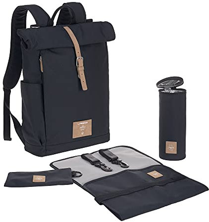 LÄSSIG Wickeltasche, Wickelunterlage, Kinderwagenbefestigung, Flaschenhalter nachhaltig produziert/GRE Rolltop Backpack, Blau (Night Blue)