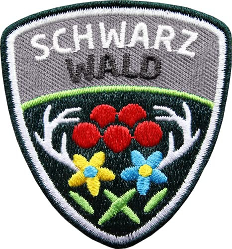 2 x Schwarzwald Abzeichen 55 x 61 mm/hochwertig gestickte Aufnäher Aufbügler Wappen/Patch für Kleidung Tracht Mode Rucksack Erwachsene/Bollenhut Hirsch-Geweih (Grau)