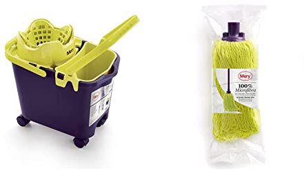 Mery 0335 - Cubo automático con Ruedas y cubeta Multiuso, Surtido: Colores aleatorios & 0440.01 - Fregona microfibras, Color Lima y Morado