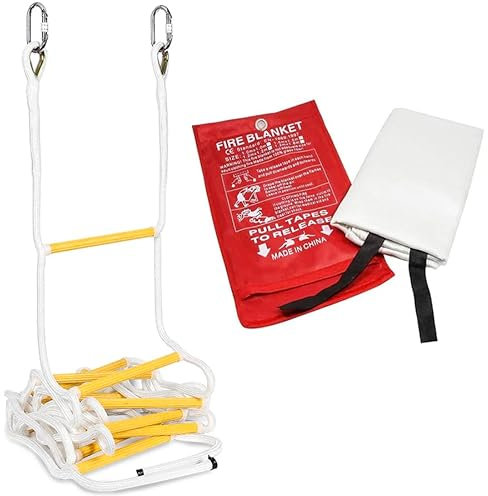 Rettungs-Überlebensleiter 5m 1-stöckig + Feuerfeste Rettungsdecke - Brandschutz-Set/Notfall-Evakuierungsleiter für Zuhause/kompakt, faltbar und leicht