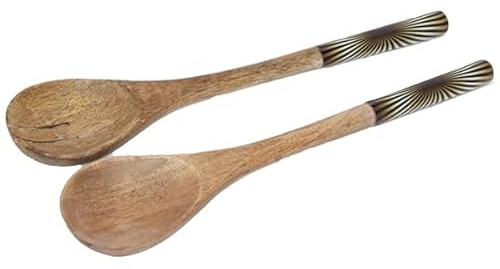 Chic Antique Luxus Salatbesteck mit Emaille Griffen Holz Salat Servierset Salatgarnitur Mangoholz versch. Designs 2er Set Salatlöffel (17200 Black Gold)