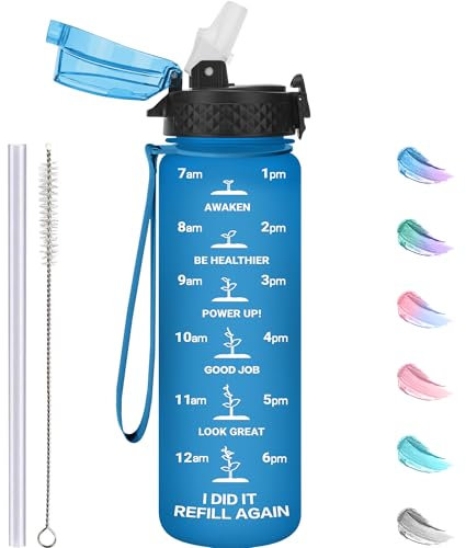 GOPPUS 500ml/17oz Kids Water Bottles with Straw Tritan Childrens Bottle with Flip Top Lid BPA Free Measured Drinks Bottles with Strap for School Girls Boys Sports Reusable Time Markings Leakproof