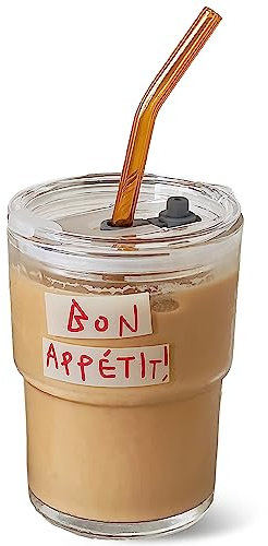 Olvini 13oz Glass Tumbler with Straw and Lid, Reusable Iced Coffee Cup, Water Glass, Coffee Mug (Bon Appétit)
