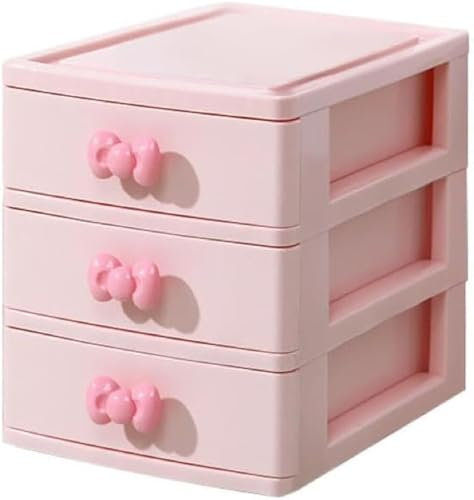 OIF Pink Bowknot Makeup Organizer, 3-Drawer Mini Desktop Organizer, Desk Storage Box, Bathroom, Vanity, Gift for Girls Women Kid Teen