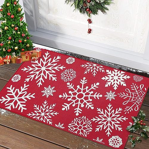 CAROMIO Weihnachts-Fußmatte Rot Innen Waschbare Türmatte für Eingangsbereich Küche Schlafzimmer Weihnachten Dekorative Anti-Rutsch Bedruckte Schneeflocken 40 x 60 cm