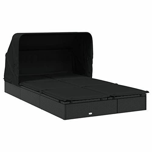 Festnight Rattan Sonnenliege 2 Personen mit Dach - Doppelliege Outdoor Loungebett für Garten Balkon - Poly Material in Schwarz