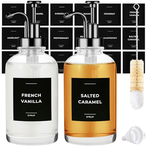 Spaceneat Coffee Syrup Dispenser with Pump - Includes 24 Flavour Labels - Glass Syrup Dispenser for Coffee Bar - Elevate your Beverage Station with 500 ml Flavouring Container Bottles, 2pcs, Black