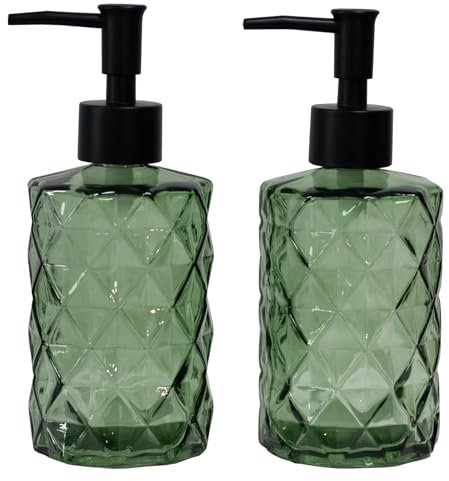 Dispensador de jabón de Vidrio Verde con Bomba de plástico Negro, dispensador de jabón líquido Recargable de 12 onzas, Paquete de 2 Botellas de loción de Cristal para decoración Moderna del hogar,