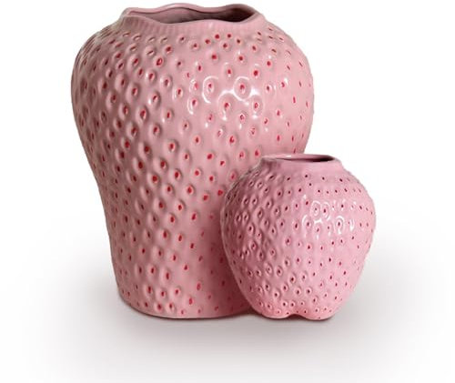 BURLOE Erdbeer Dekorative Keramik Vase, Modern Strawberry Vasen Für Blumen Vintage Erdbeervase Wohnzimmer Küche Garten Büro Vase Deko Rot Decor,Rosa,L