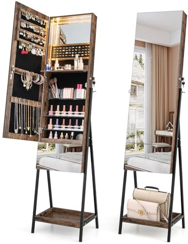 COSTWAY Armoire à Bijoux avec Miroir et Tiroir sur Pieds, Miroir Psyché HD sans Cadre, Verrouillable, Lumières LED 3 Couleurs, Étagère de Rangement (Marron Rustique)