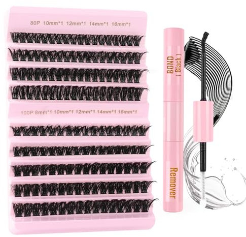 Parriparri Eyelash Extension with Bond and Remover 80D+100D Fluffy Individual Lashes Kit Thick D Curl Cluster Lashes Set Dramatic DIY Eyelashes Individual 8-16MM